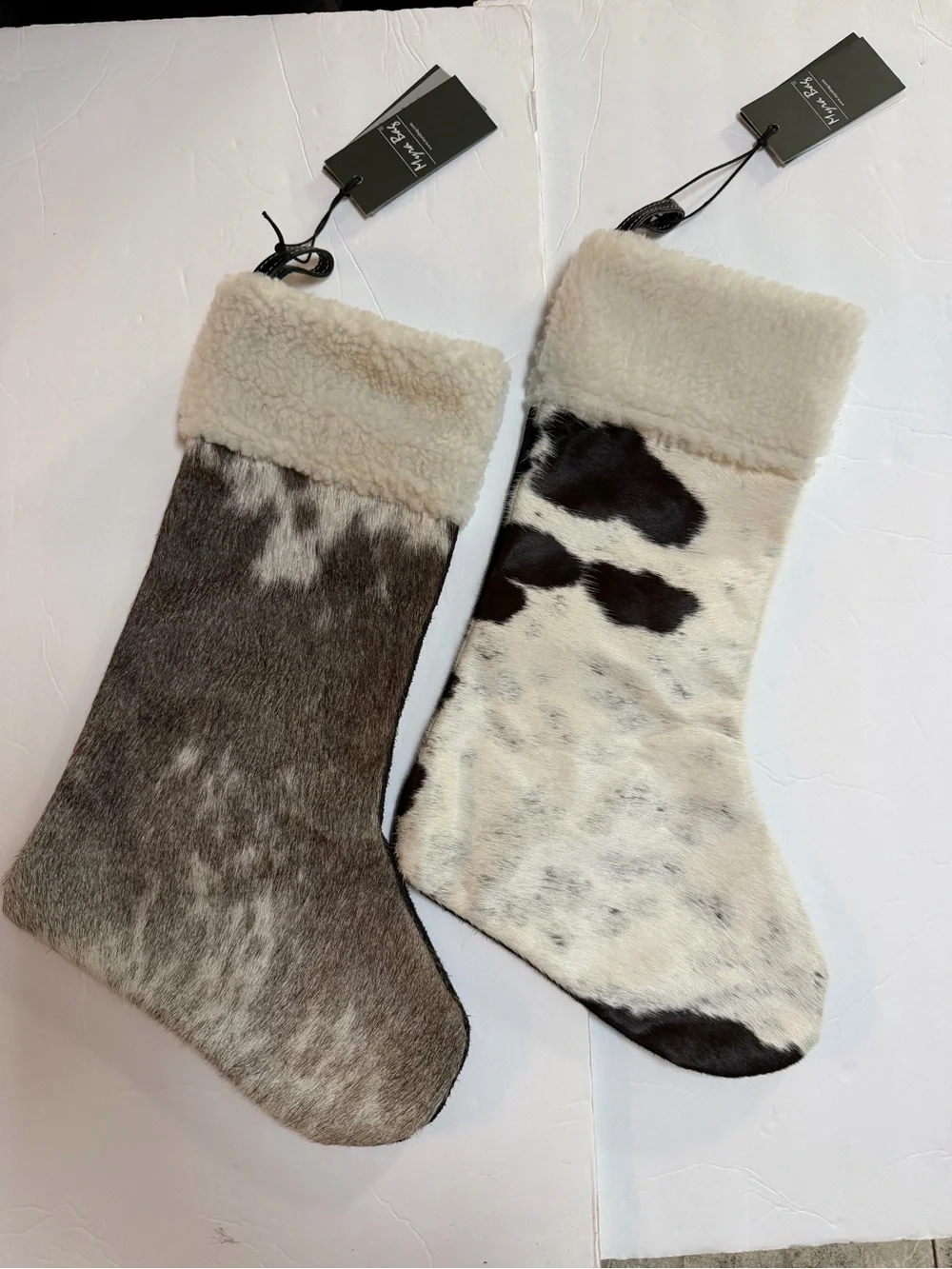 Pair Cowhide Fur Christmas Stockings - Neutral Brown & White